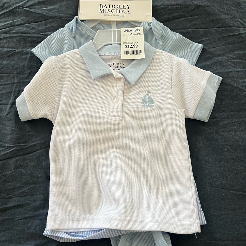 Badgley Mischka Light Blue and White Polo Shirt Set